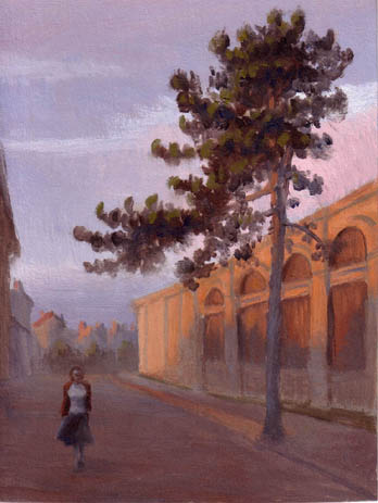 oil painting cityscape of budapest, street with pine tree